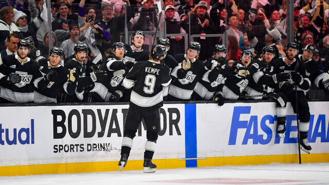 LOS ANGELES, CA - APRIL 23: Adrian Kempe #9 of the Los Angeles Kings celebrates his goal during the third period of Game Two of the First Round of the 2025 Stanley Cup Playoffs against the Edmonton Oilers at Crypto.com Arena on April 23, 2025 in Los Angeles, California.