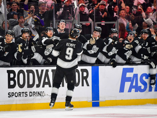 LOS ANGELES, CA - APRIL 23: Adrian Kempe #9 of the Los Angeles Kings celebrates his goal during the third period of Game Two of the First Round of the 2025 Stanley Cup Playoffs against the Edmonton Oilers at Crypto.com Arena on April 23, 2025 in Los Angeles, California.
