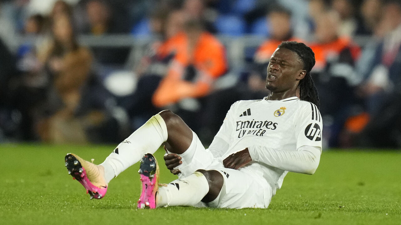 Eduardo Camavinga central midfield of Real Madrid and France lies injured on the pitch during the La Liga match between Getafe CF and Real Madrid CF at Estadio Coliseum on April 23, 2025 in Getafe, Spain.