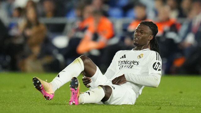 Eduardo Camavinga central midfield of Real Madrid and France lies injured on the pitch during the La Liga match between Getafe CF and Real Madrid CF at Estadio Coliseum on April 23, 2025 in Getafe, Spain.