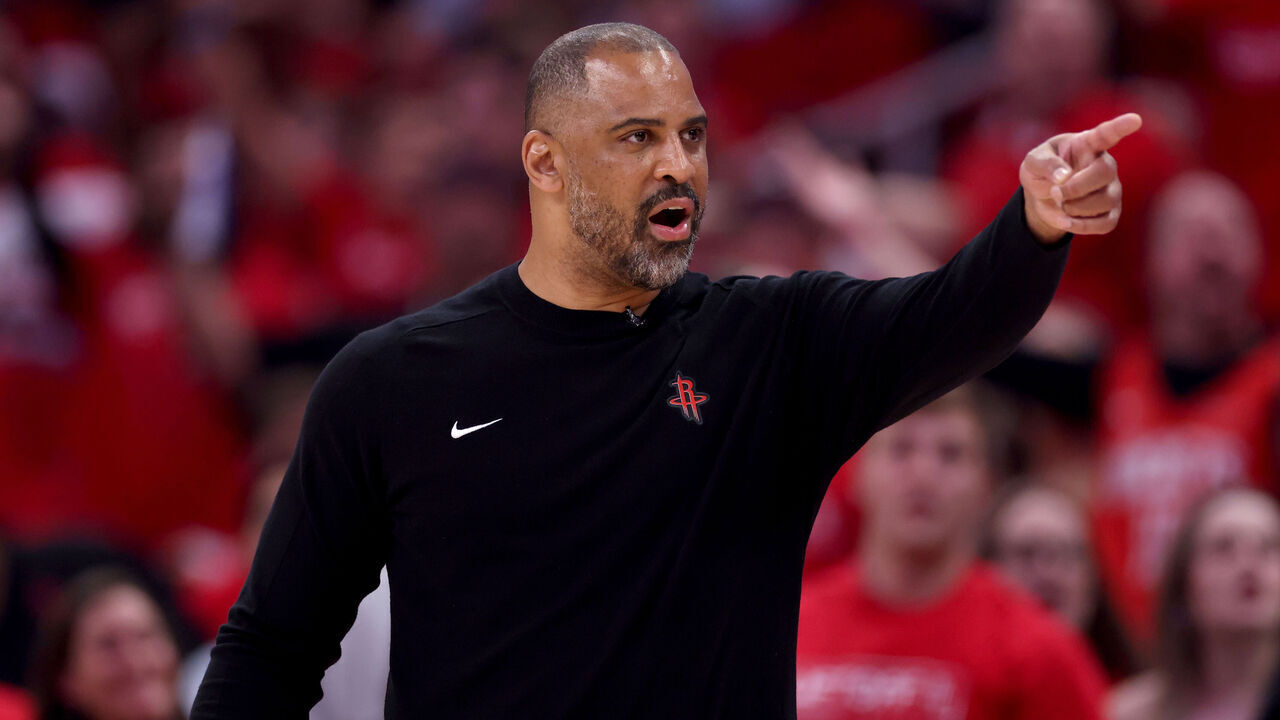 HOUSTON, TEXAS - APRIL 23: Head coach Ime Udoka of the Houston Rockets reacts in the first half against the Golden State Warriors in Game Two of the Western Conference First Round NBA Playoffs at Toyota Center on April 23, 2025 in Houston, Texas.