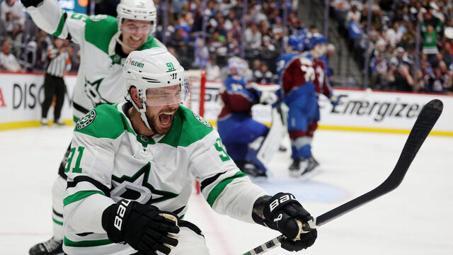 DENVER, COLORADO - APRIL 23: Tyler Seguin #91 of the Dallas Stars celebrates with teammate Thomas Harley #55 after scoring the game-winning goal in overtime against the Colorado Avalanche in Game Three of the First Round of the 2025 Stanley Cup Playoffs at Ball Arena on April 23, 2025 in Denver, Colorado.