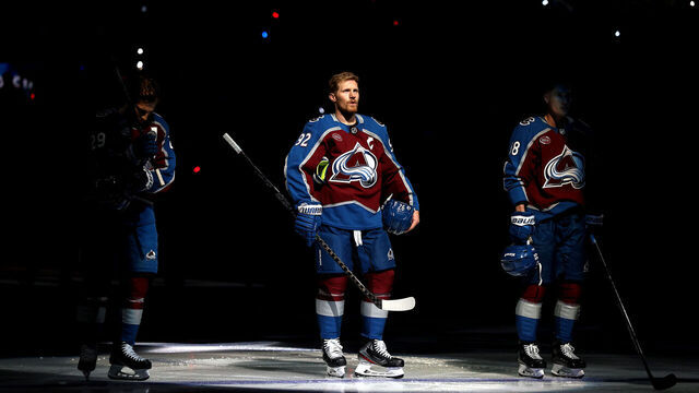 DENVER, COLORADO - APRIL 23: Gabriel Landeskog #92 of the Colorado Avalanche looks on before the game against the Dallas Stars in Game Three of the First Round of the 2025 Stanley Cup Playoffs at Ball Arena on April 23, 2025 in Denver, Colorado.
