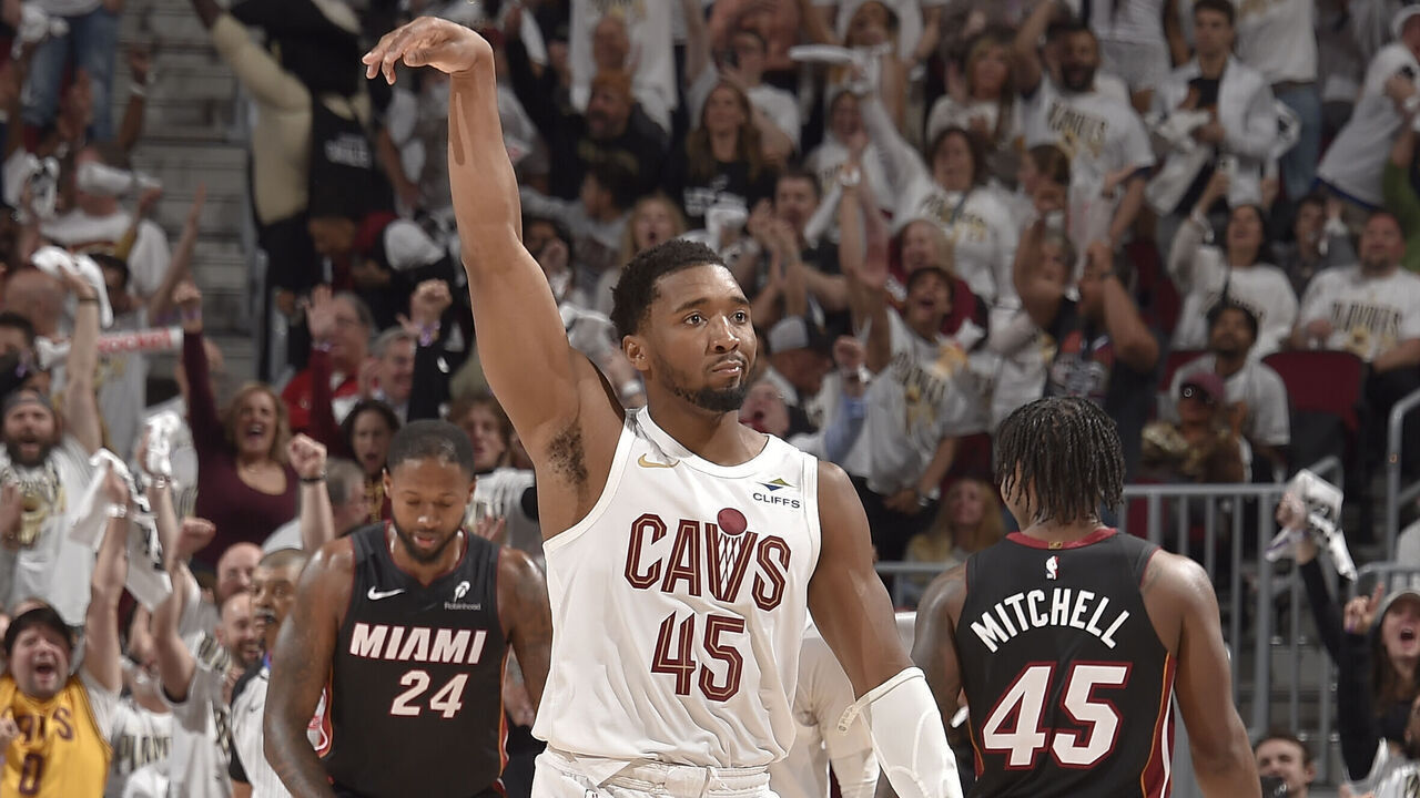 CLEVELAND, OH - APRIL 23: Donovan Mitchell #45 of the Cleveland Cavaliers celebrates during Round One Game Two of the 2025 NBA Playoffs against the Miami Heat on April 23, 2025 at Rocket Mortgage FieldHouse in Cleveland, Ohio. NOTE TO USER: User expressly acknowledges and agrees that, by downloading and/or using this Photograph, user is consenting to the terms and conditions of the Getty Images License Agreement. Mandatory Copyright Notice: Copyright 2025 NBAE
