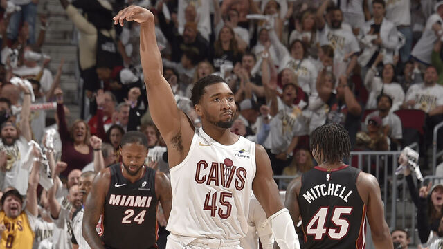 CLEVELAND, OH - APRIL 23: Donovan Mitchell #45 of the Cleveland Cavaliers celebrates during Round One Game Two of the 2025 NBA Playoffs against the Miami Heat on April 23, 2025 at Rocket Mortgage FieldHouse in Cleveland, Ohio. NOTE TO USER: User expressly acknowledges and agrees that, by downloading and/or using this Photograph, user is consenting to the terms and conditions of the Getty Images License Agreement. Mandatory Copyright Notice: Copyright 2025 NBAE