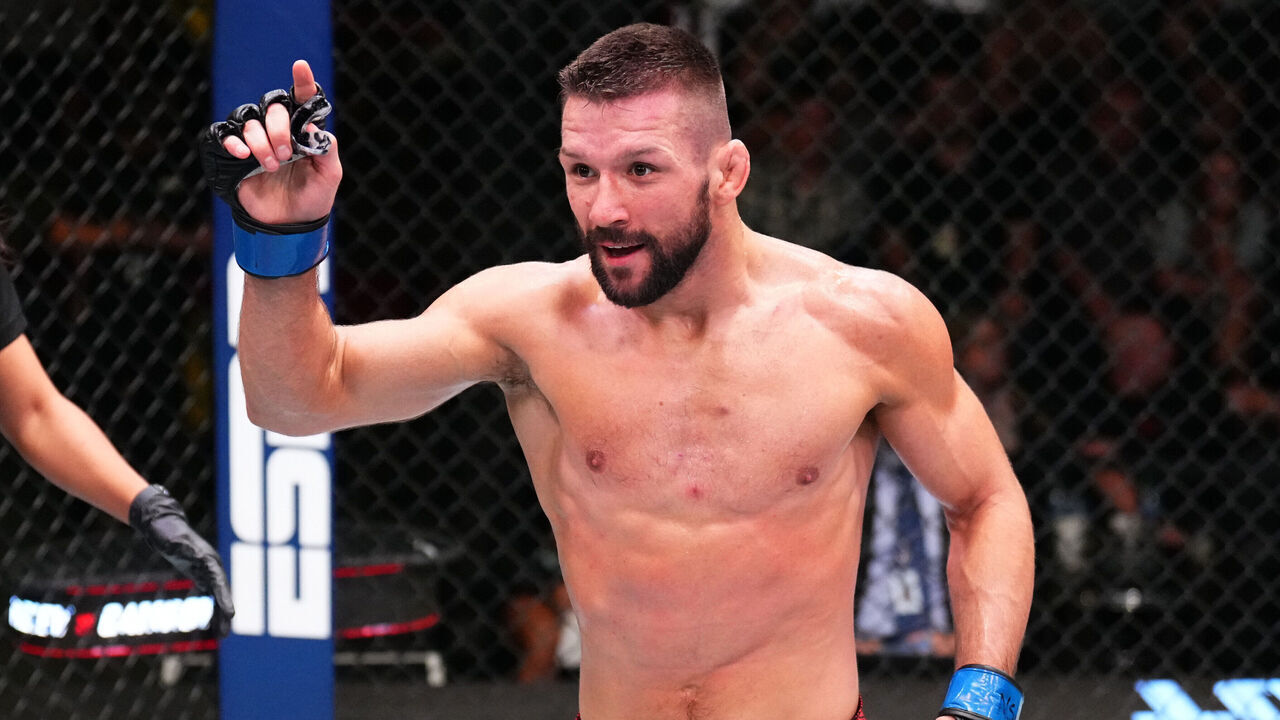 LAS VEGAS, NEVADA - SEPTEMBER 23: Mateusz Gamrot of Poland reacts after his victory over Rafael Fiziev of Kazakstan in a lightweight fight during the UFC Fight Night event at UFC APEX on September 23, 2023 in Las Vegas, Nevada.