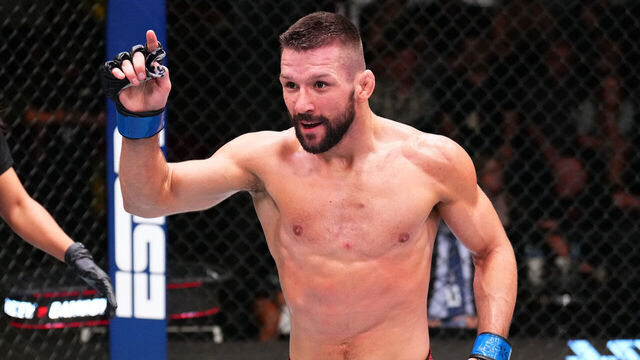LAS VEGAS, NEVADA - SEPTEMBER 23: Mateusz Gamrot of Poland reacts after his victory over Rafael Fiziev of Kazakstan in a lightweight fight during the UFC Fight Night event at UFC APEX on September 23, 2023 in Las Vegas, Nevada.