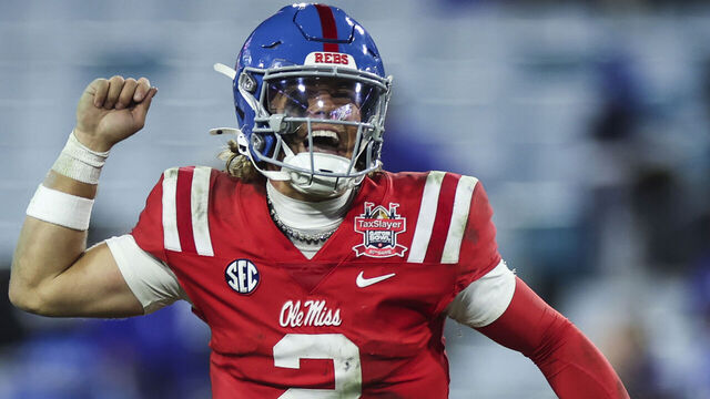 JACKSONVILLE, FLORIDA - JANUARY 02: Jaxson Dart #2 of the Mississippi Rebels celebrates after scoring a touchdown against the Duke Blue Devils during the second half of the TaxSlayer Gator Bowl at EverBank Stadium on January 02, 2025 in Jacksonville, Florida.
