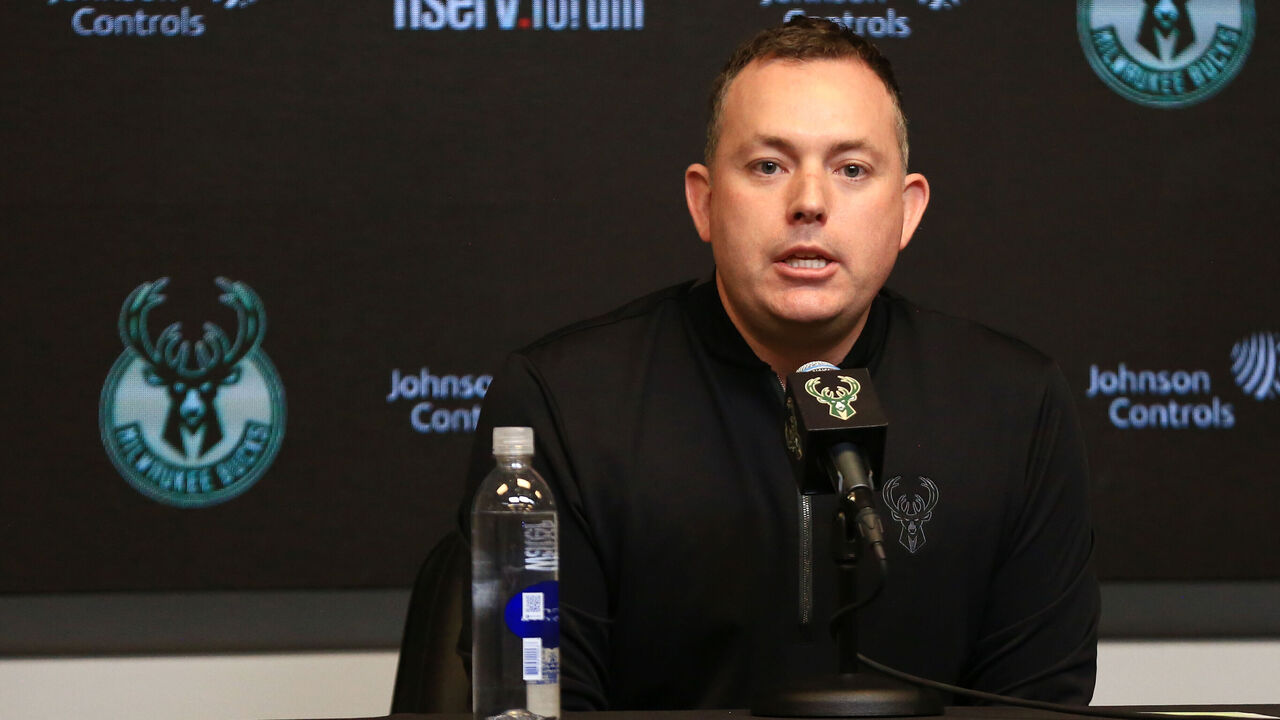 MILWAUKEE, WI - JANUARY 27: Jon Horst speaks to the media during an introductory press conference of Doc Rivers as the new head coach of the Milwaukee Bucks on January 27, 2024, at Fiserv Forum in Milwaukee, WI.
