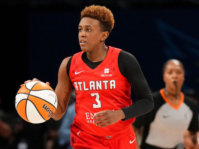 ARLINGTON, TX - SEPTEMBER 19: Danielle Robinson #3 of the Atlanta Dream dribbles the ball during round one game two of the 2023 WNBA Playoffs against the Dallas Wings on September 19, 2023 at the College Park Center in Arlington, TX. Mandatory Copyright Notice: Copyright 2023 NBAE