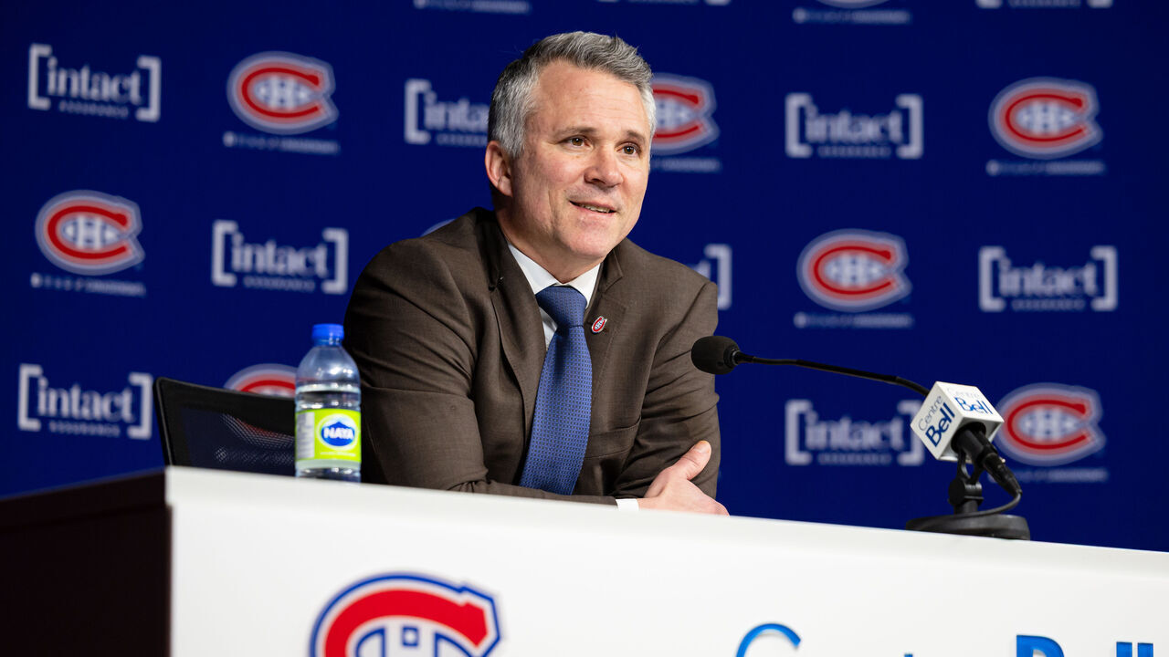 MONTREAL, CANADA- APRIL 5: Montreal Canadiens Head Coach Martin St-Louis speaks to the media after the NHL regular season game against the Philadelphia Flyers at the Bell Centre on April 5, 2025 in Montreal, Quebec, Canada. The Montreal Canadiens defeated the Philadelphia Flyers by a score of 3-2.