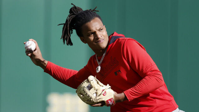 PITTSBURGH, PA - APRIL 16: CJ Abrams #5 of the Washington Nationals throws during batting practice against the Pittsburgh Pirates at PNC Park on April 16, 2025 in Pittsburgh, Pennsylvania.