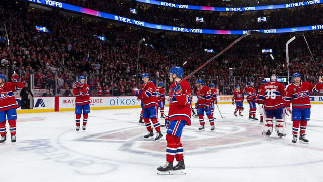 MONTREAL, CANADA- APRIL 16: The Montreal Canadiens salute the fans after winning the NHL regular season game against the Carolina Hurricanes at the Bell Centre on April 16, 2025 in Montreal, Quebec, Canada. The Montreal Canadiens defeated the Carolina Hurricanes by a score of 4-2.