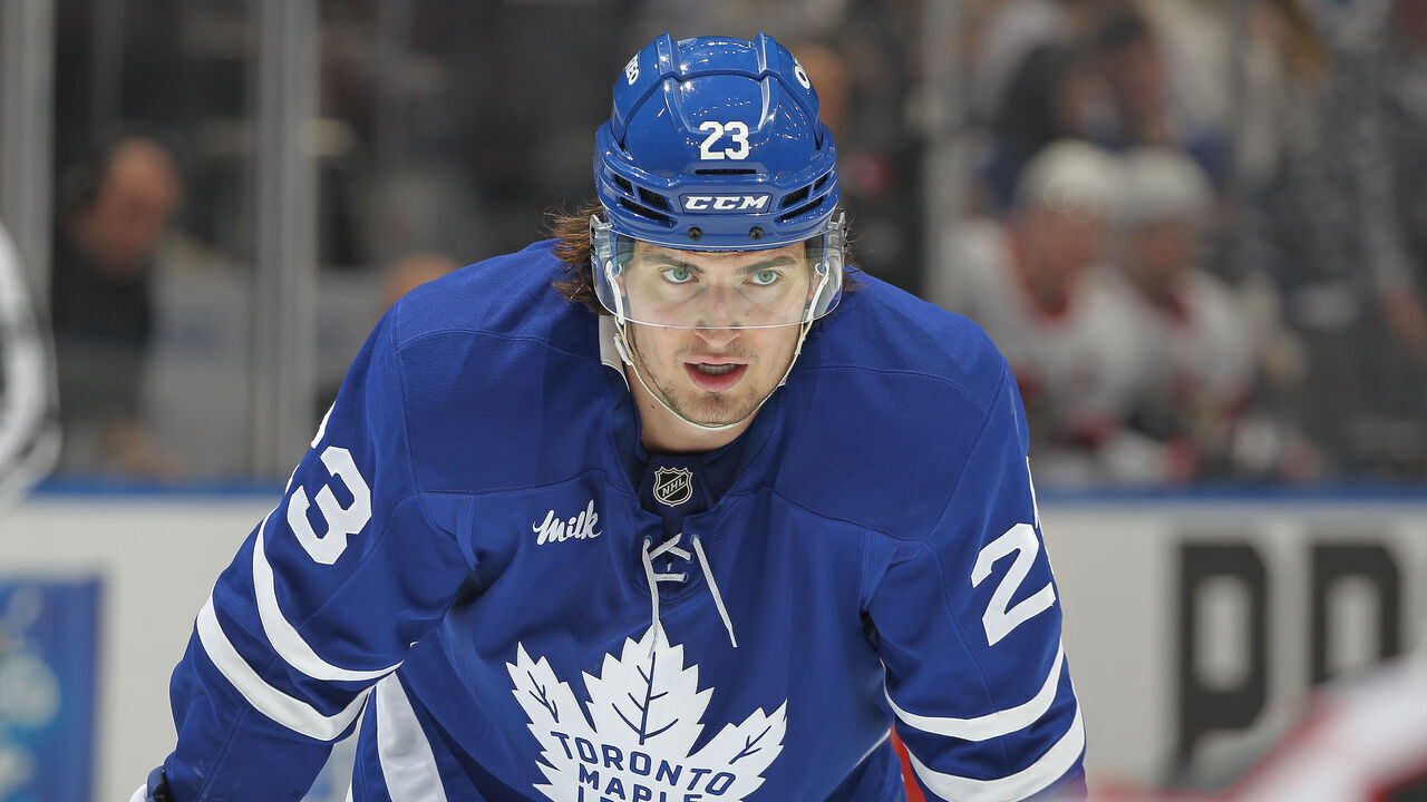 TORONTO, CANADA - APRIL 20: Matthew Knies #23 of the Toronto Maple Leafs waits for play to resume against the Ottawa Senators during the second period in Game One of the First Round of the 2025 Stanley Cup Playoffs at Scotiabank Arena on April 20, 2025 in Toronto, Ontario, Canada.