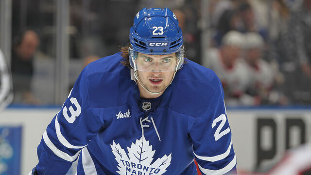 TORONTO, CANADA - APRIL 20: Matthew Knies #23 of the Toronto Maple Leafs waits for play to resume against the Ottawa Senators during the second period in Game One of the First Round of the 2025 Stanley Cup Playoffs at Scotiabank Arena on April 20, 2025 in Toronto, Ontario, Canada.