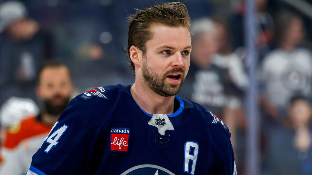 WINNIPEG, CANADA - APRIL 16: Josh Morrissey #44 of the Winnipeg Jets looks on during the pre-game warm up prior to NHL action against the Anaheim Ducks at Canada Life Centre on April 16, 2025 in Winnipeg, Manitoba, Canada.