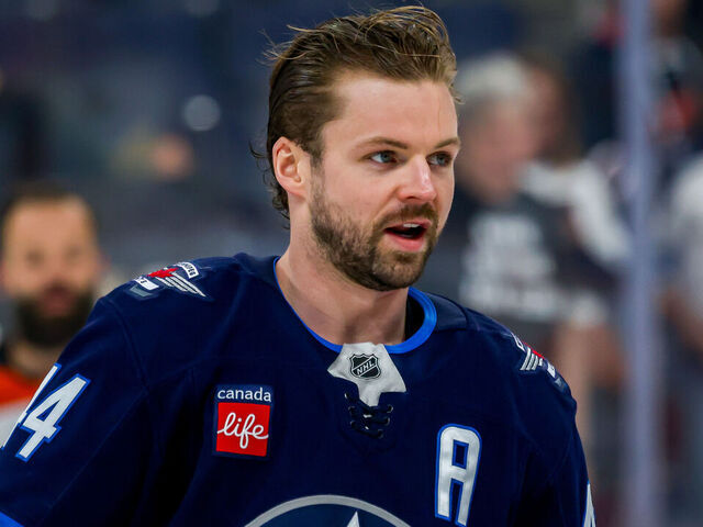 WINNIPEG, CANADA - APRIL 16: Josh Morrissey #44 of the Winnipeg Jets looks on during the pre-game warm up prior to NHL action against the Anaheim Ducks at Canada Life Centre on April 16, 2025 in Winnipeg, Manitoba, Canada.
