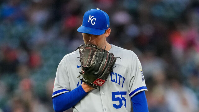 DETROIT, MICHIGAN - APRIL 18: Cole Ragans #55 of the Kansas City Royals looks down against the Detroit Tigers at Comerica Park on April 18, 2025 in Detroit, Michigan.