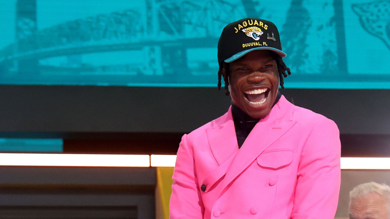 GREEN BAY, WISCONSIN - APRIL 24: Wide Receiver/Cornerback Travis Hunter of Colorado celebrates after being selected second overall pick by the Jacksonville Jaguars during the first round of the 2025 NFL Draft at Lambeau Field on April 24, 2025 in Green Bay, Wisconsin.