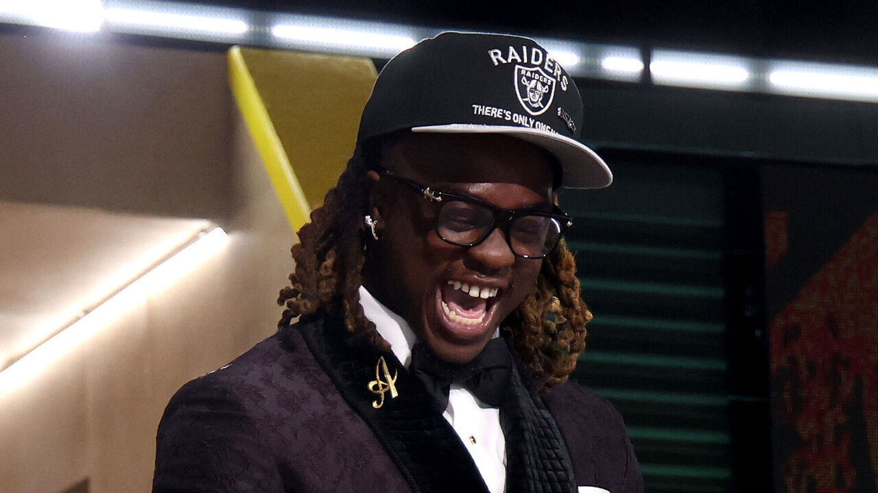 GREEN BAY, WISCONSIN - APRIL 24: Running Back Ashton Jeanty of Boise State celebrates after being selected sixth overall pick by the Las Vegas Raiders during the first round of the 2025 NFL Draft at Lambeau Field on April 24, 2025 in Green Bay, Wisconsin.