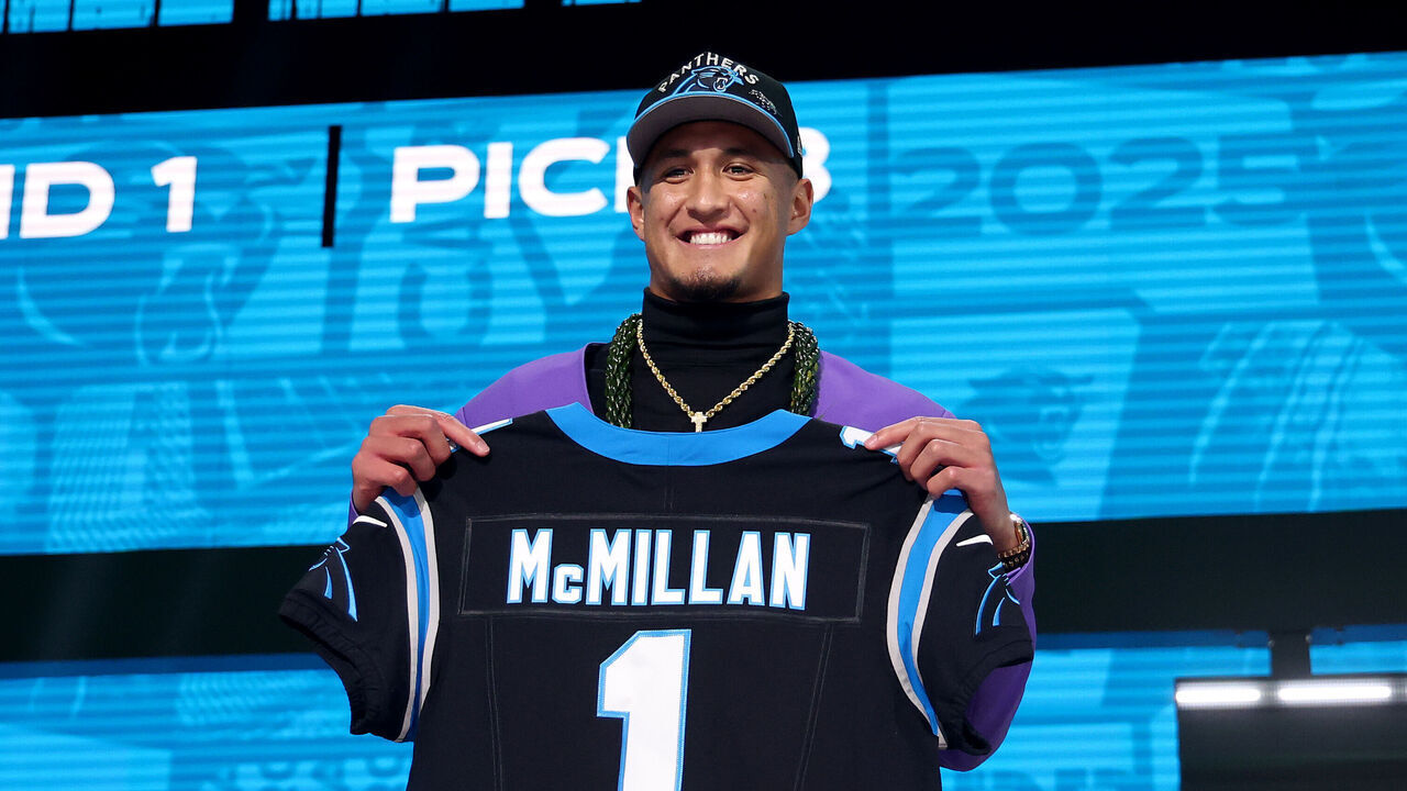 GREEN BAY, WISCONSIN - APRIL 24: Wide Receiver Tetairoa McMillan of Arizona poses after being selected eighth overall pick by the Carolina Panthers during the first round of the 2025 NFL Draft at Lambeau Field on April 24, 2025 in Green Bay, Wisconsin.