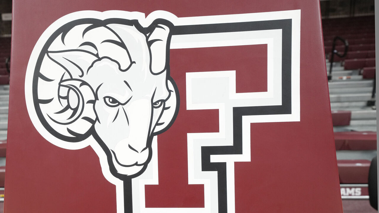 BRONX, NY - DECEMBER 21: The Fordham Rams logo shown the basketball pad before 1 college basketball game against the Albany Great Danes at Rose Hill Gymnasium on December 21, 2024 in Bronx borough of New York City.