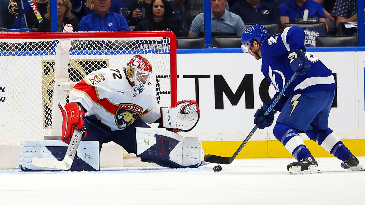 TAMPA, FL - APRIL 24: Sergei Bobrovsky #72 of the Florida Panthers makes a save against Brayden Point #21 of the Tampa Bay Lightning in the first period of Game Two of the First Round of the 2025 Stanley Cup Playoffs at the Amalie Arena on April 24, 2025 in Tampa, Florida.