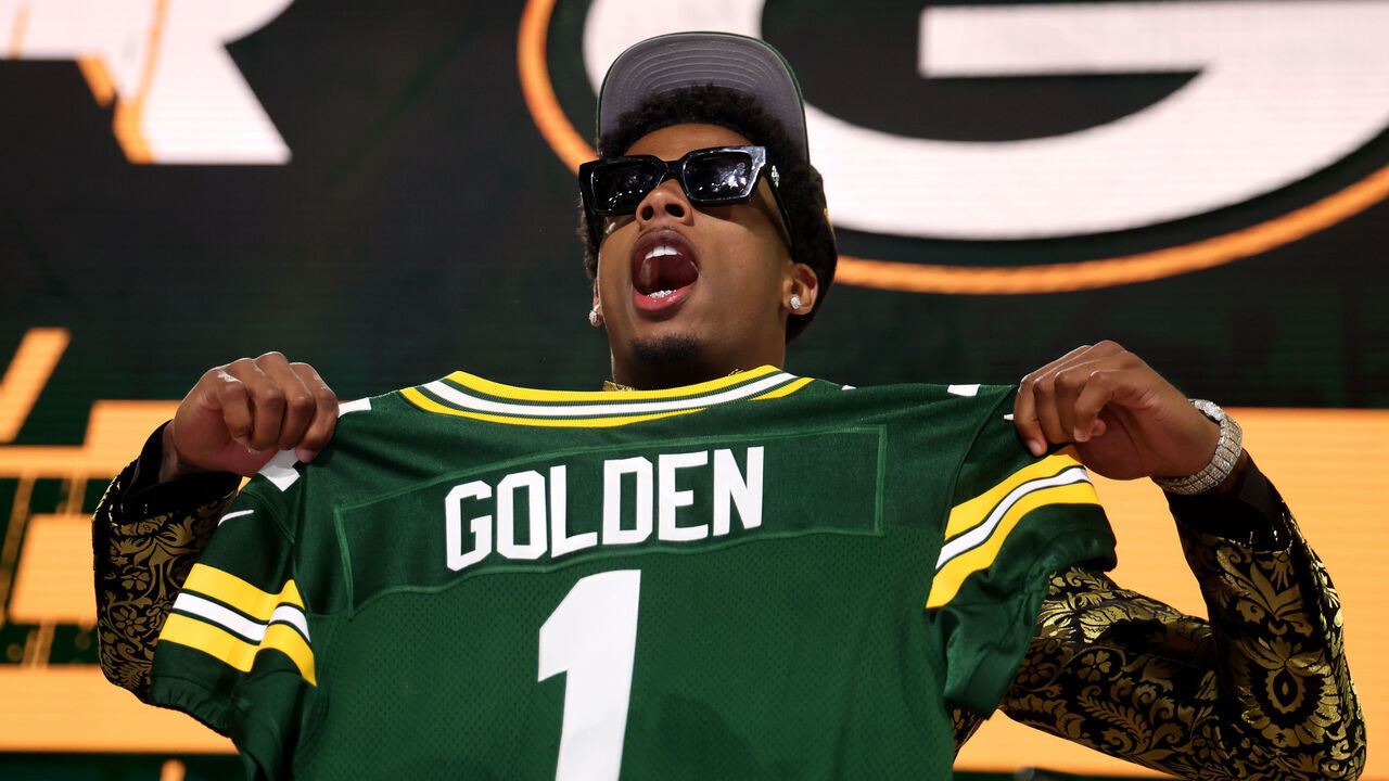 GREEN BAY, WISCONSIN - APRIL 24: Wide Receiver Matthew Golden of Texas celebrates after being selected twenty-third overall pick by the Green Bay Packers during the first round of the 2025 NFL Draft at Lambeau Field on April 24, 2025 in Green Bay, Wisconsin.