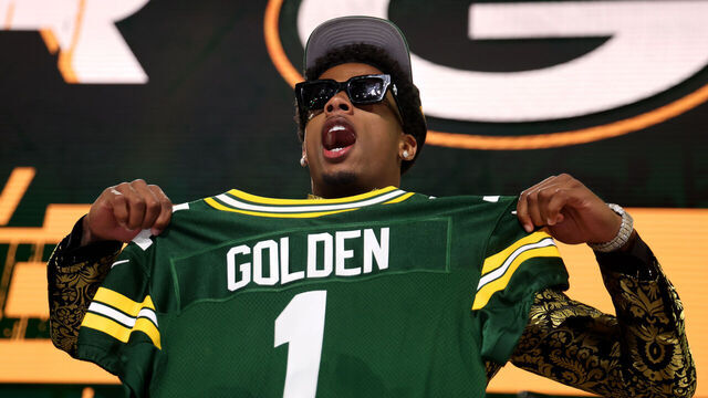 GREEN BAY, WISCONSIN - APRIL 24: Wide Receiver Matthew Golden of Texas celebrates after being selected twenty-third overall pick by the Green Bay Packers during the first round of the 2025 NFL Draft at Lambeau Field on April 24, 2025 in Green Bay, Wisconsin.