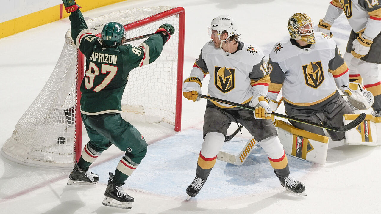 SAINT PAUL, MN - APRIL 24: Kirill Kaprizov #97 of the Minnesota Wild scores a goal with Nicolas Hague #14, Noah Hanifin #15 and Adin Hill #33 of the Vegas Golden Knights defending during Game Three of the First Round of the 2025 Stanley Cup Playoffs at the Xcel Energy Center on April 24, 2025 in Saint Paul, Minnesota.
