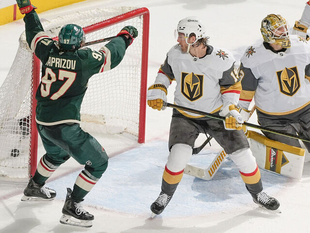 SAINT PAUL, MN - APRIL 24: Kirill Kaprizov #97 of the Minnesota Wild scores a goal with Nicolas Hague #14, Noah Hanifin #15 and Adin Hill #33 of the Vegas Golden Knights defending during Game Three of the First Round of the 2025 Stanley Cup Playoffs at the Xcel Energy Center on April 24, 2025 in Saint Paul, Minnesota.