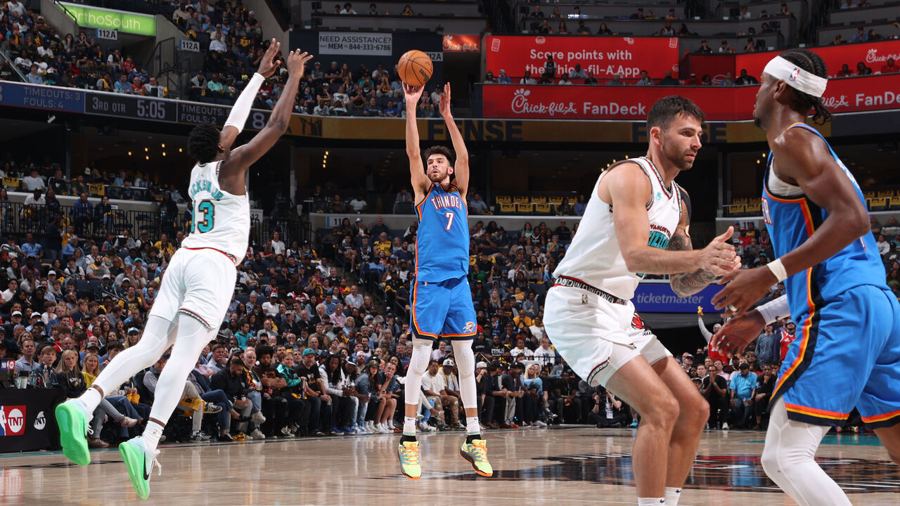 MEMPHIS, TN - APRIL 24: Chet Holmgren #7 of the Oklahoma City Thunder shoots the ball during the game against the Memphis Grizzlies during Round One Game Three of the 2025 NBA Playoffs on April 24, 2025 at FedExForum in Memphis, Tennessee. Mandatory Copyright Notice: Copyright 2025 NBAE