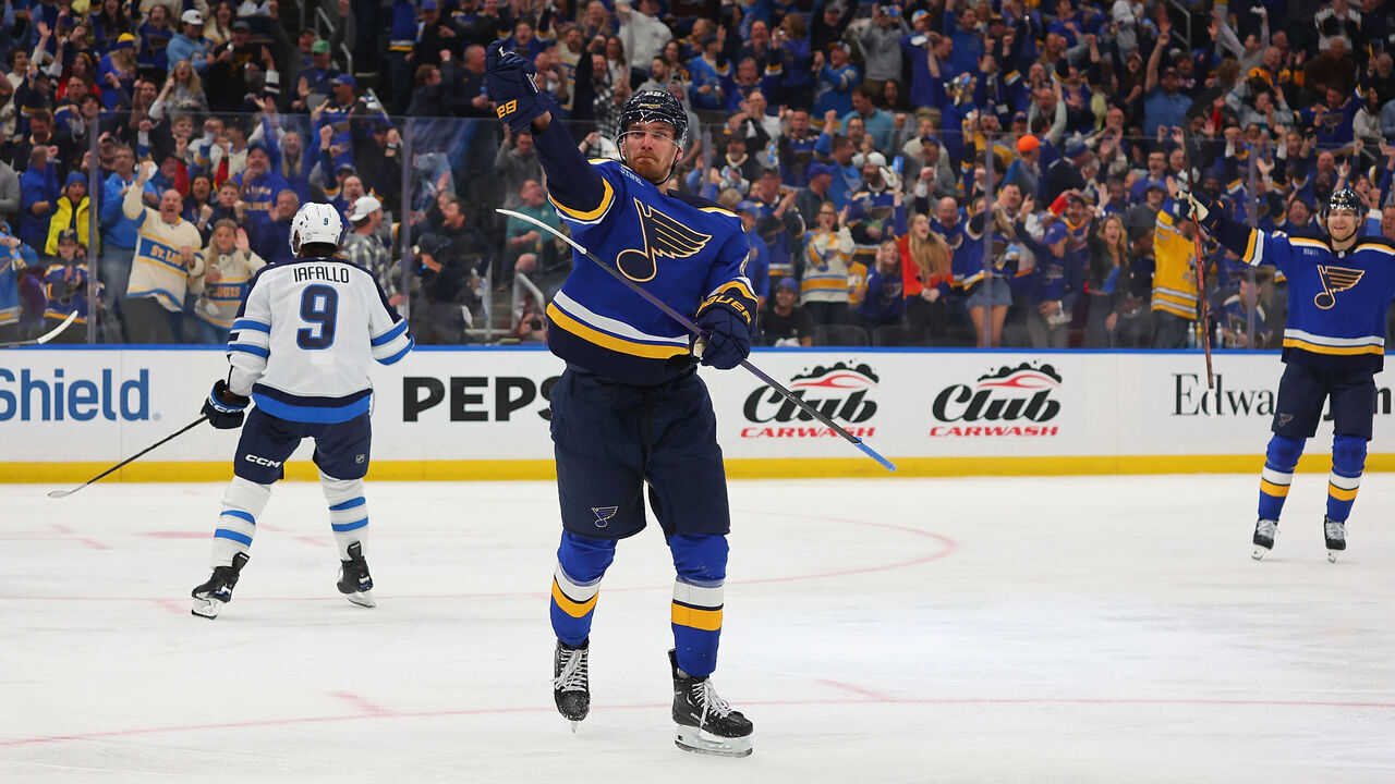 ST LOUIS, MISSOURI - APRIL 24: Pavel Buchnevich #89 of the St. Louis Blues celebrates after scoring his third goal of the game against the Winnipeg Jets in the third period of Game Three of the First Round of the 2025 Stanley Cup Playoffs at Enterprise Center on April 24, 2025 in St Louis, Missouri.