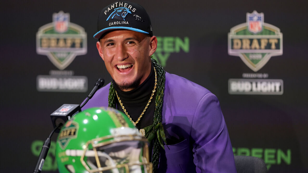 GREEN BAY, WISCONSIN - APRIL 24: Wide Receiver Tetairoa McMillan of Arizona speaks with media after being selected eighth overall pick by the Carolina Panthers during the first round of the 2025 NFL Draft at Lambeau Field on April 24, 2025 in Green Bay, Wisconsin.