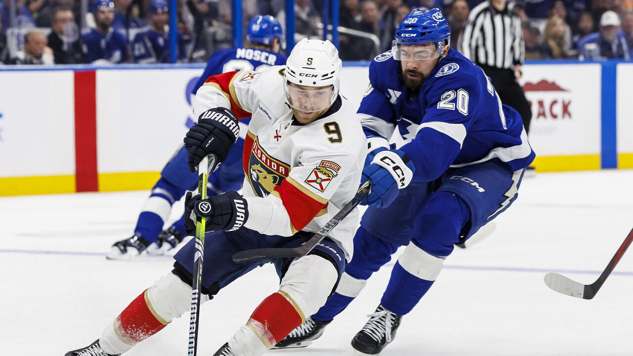 TAMPA, FL - APRIL 24: Nick Paul #20 of the Tampa Bay Lightning skates against Sam Bennett #9 of the Florida Panthers of Game Two of the First Round of the 2025 Stanley Cup Playoffs at Amalie Arena on April 24, 2025 in Tampa, Florida.