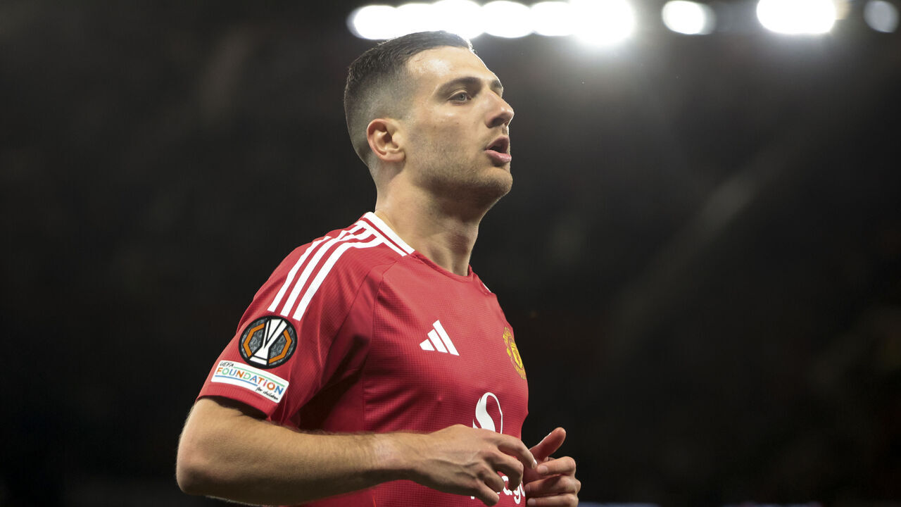 MANCHESTER, ENGLAND - APRIL 17: Diogo Dalot of Manchester United celebrates his goal during the UEFA Europa League 2024/25 Quarter Final Second Leg football match between Manchester United (Man U) and Olympique Lyonnais (OL, Lyon) at Old Trafford stadium on April 17, 2025 in Manchester, England.