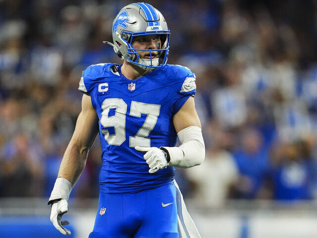 DETROIT, MI - SEPTEMBER 08: Aidan Hutchinson #97 of the Detroit Lions lines up before the snap during an NFL football game against the Los Angeles Rams at Ford Field on September 8, 2024 in Detroit, Michigan.