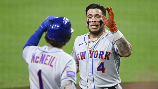 SAN DIEGO, CA - JULY 8: Francisco Alvarez #4 (R) of the New York Mets is congratulated by Jeff McNeil #1 after hitting a solo home run during the sixth inning of a baseball game against the San Diego Padres at Petco Park on July 8, 2023 in San Diego, California.
