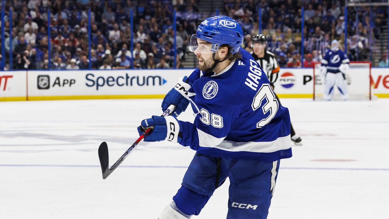TAMPA, FL - APRIL 24: Brandon Hagel #38 of the Tampa Bay Lightning skates against the Florida Panthers of Game Two of the First Round of the 2025 Stanley Cup Playoffs at Amalie Arena on April 24, 2025 in Tampa, Florida.