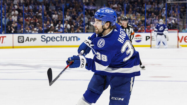 TAMPA, FL - APRIL 24: Brandon Hagel #38 of the Tampa Bay Lightning skates against the Florida Panthers of Game Two of the First Round of the 2025 Stanley Cup Playoffs at Amalie Arena on April 24, 2025 in Tampa, Florida.