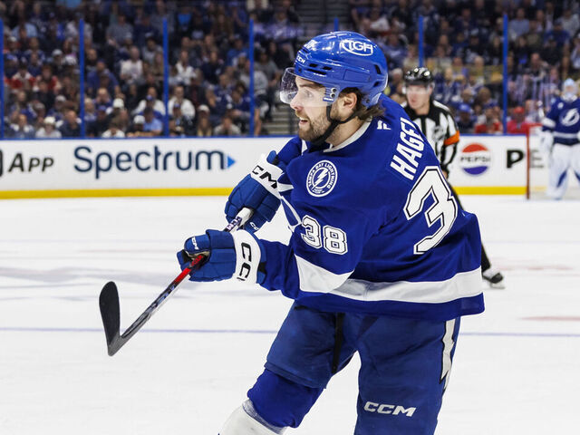 TAMPA, FL - APRIL 24: Brandon Hagel #38 of the Tampa Bay Lightning skates against the Florida Panthers of Game Two of the First Round of the 2025 Stanley Cup Playoffs at Amalie Arena on April 24, 2025 in Tampa, Florida.