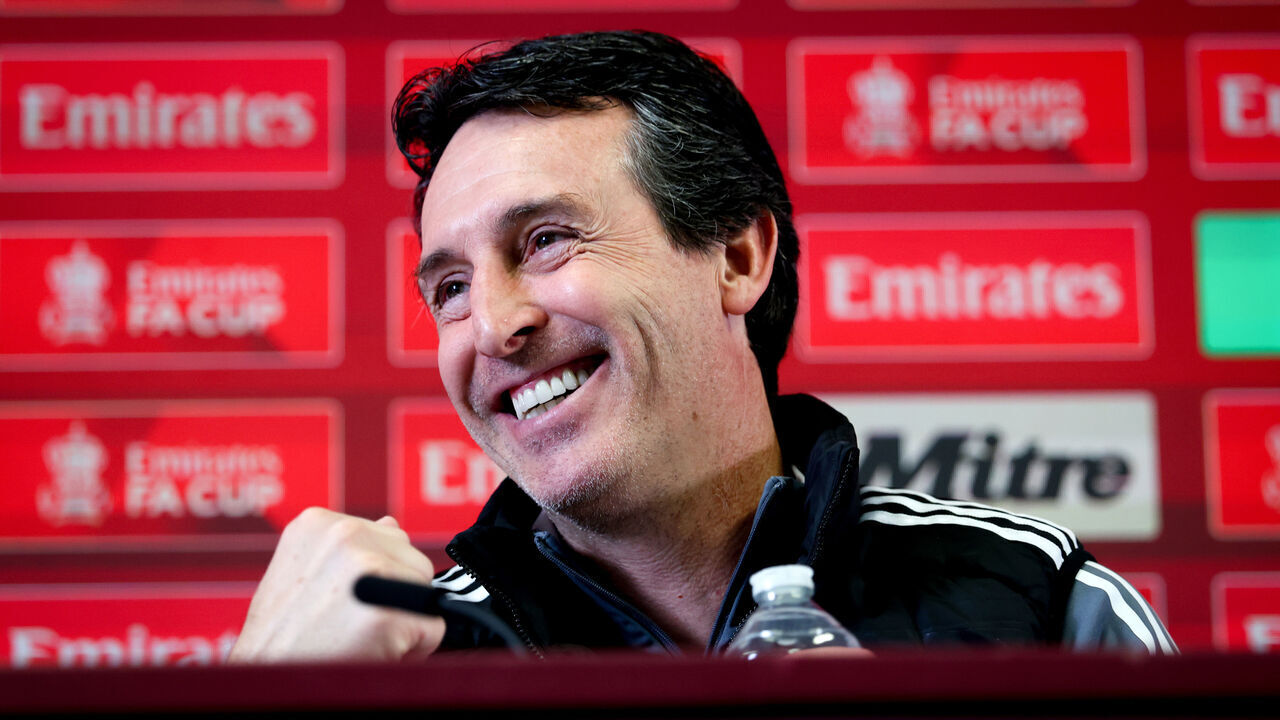 BIRMINGHAM, ENGLAND - APRIL 25: Unai Emery manager of Aston Villa talks to the press during a press conference at Bodymoor Heath training ground on April 25, 2025 in Birmingham, England.