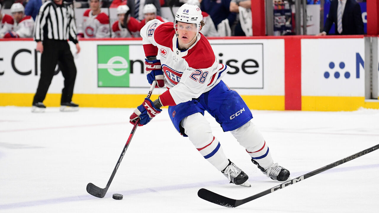 WASHINGTON, DC - APRIL 21: Canadiens center Christian Dvorak (28) skates with the puck during game one of the first round of the Eastern Conference playoffs between the Montreal Canadiens and Washington Capitals National Hockey League game on April 21, 2025 at Capital One Arena in Washington, D.C..