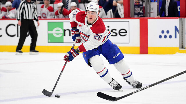 WASHINGTON, DC - APRIL 21: Canadiens center Christian Dvorak (28) skates with the puck during game one of the first round of the Eastern Conference playoffs between the Montreal Canadiens and Washington Capitals National Hockey League game on April 21, 2025 at Capital One Arena in Washington, D.C..
