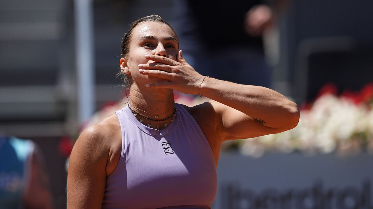 MADRID, SPAIN - APRIL 25: Aryna Sabalenka of Belarus reacts after winning against Anna Blinkova of Russia during the Mutua Madrid Open 2025, ATP Masters 1000 and WTA 1000 tennis tournament, celebrated at Caja Magica on April 25, 2025 in Madrid, Spain.