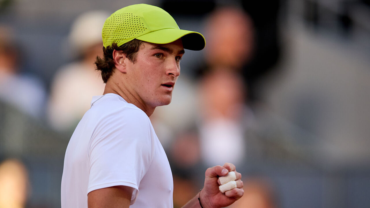 MADRID, SPAIN - APRIL 24: Joao Fonseca of Brazil celebrates a point against Elmer Moeller of Denmark in the Men's Singles First Round match during Day Three of the Mutua Madrid Open at La Caja Magica on April 24, 2025 in Madrid, Spain.