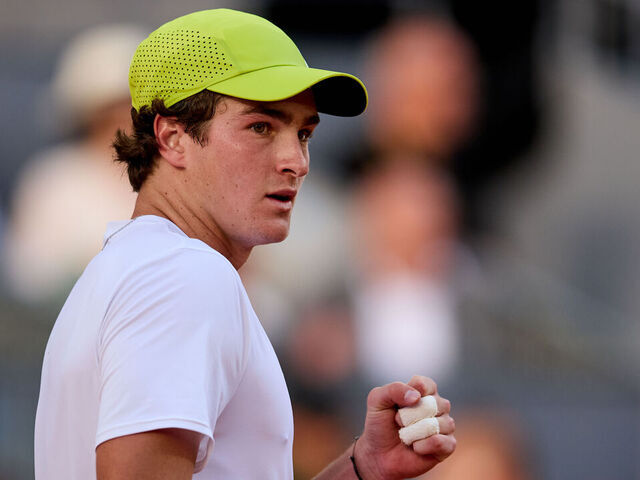 MADRID, SPAIN - APRIL 24: Joao Fonseca of Brazil celebrates a point against Elmer Moeller of Denmark in the Men's Singles First Round match during Day Three of the Mutua Madrid Open at La Caja Magica on April 24, 2025 in Madrid, Spain.
