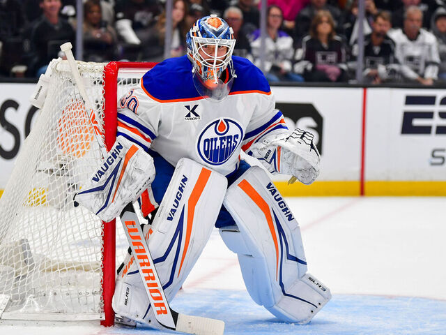 LOS ANGELES, CA - APRIL 23: Calvin Pickard #30 of the Edmonton Oilers protects the goal during the third period of Game Two of the First Round of the 2025 Stanley Cup Playoffs against the Los Angeles Kings at Crypto.com Arena on April 23, 2025 in Los Angeles, California.