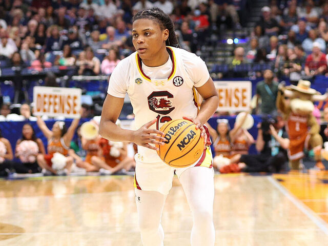 TAMPA, FL - APRIL 04: South Carolina Gamecocks guard MiLaysia Fulwiley (12) wit the ball during the NCAA Div I Women's Championship Final Four game between Texas Longhorns and South Carolina Gamecocks on April 4, 2025, at Amalie Arena in Tampa, FL.