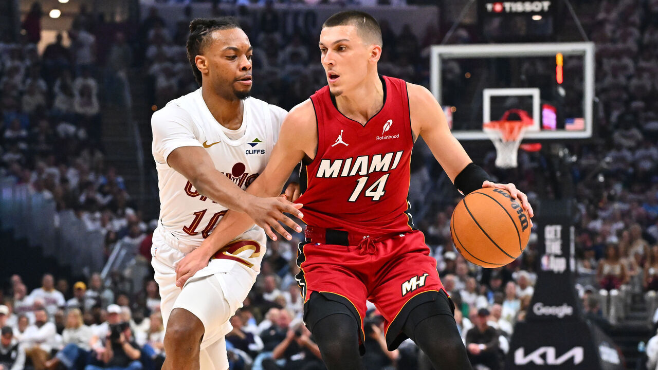 CLEVELAND, OHIO - APRIL 20: Darius Garland #10 of the Cleveland Cavaliers guards Tyler Herro #14 of the Miami Heat during the second quarter of game one of the first round of the Eastern Conference Playoffs at Rocket Arena on April 20, 2025 in Cleveland, Ohio.